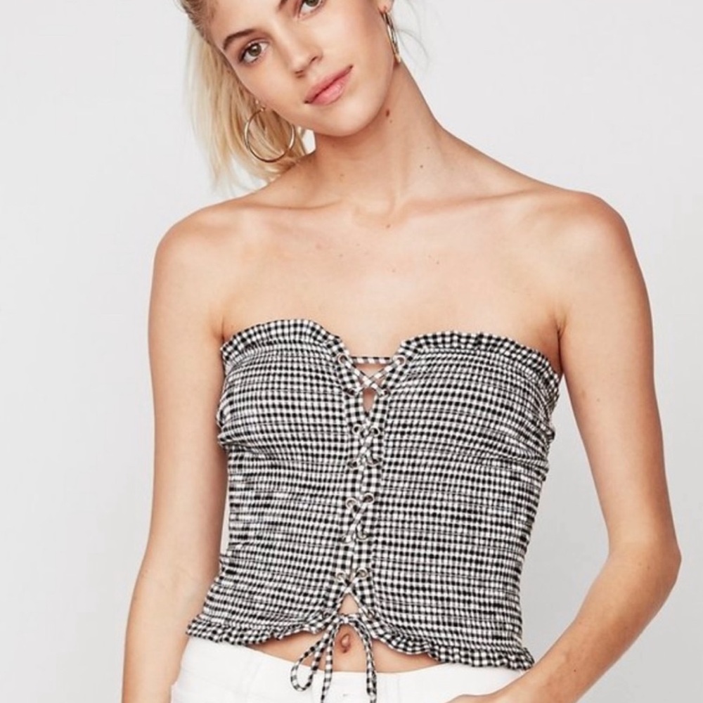 Express One Elleven Gingham Strapless Top